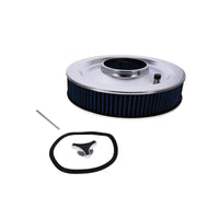 14" X 3" Round Steel Air Cleaner Kit, Blue Washable Filter, Flat Base - Chrome