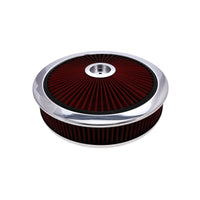 14" X 3" Round Steel Air Cleaner Kit, Red Washable Filter, Recessed Base - Chrome