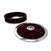 14" X 3" Round Steel Air Cleaner Kit, Red Washable Filter, Recessed Base - Chrome