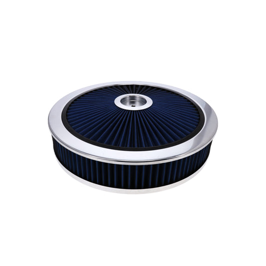 14" X 3" Round Steel Air Cleaner Kit, Blue Washable Filter, Recessed Base - Chrome