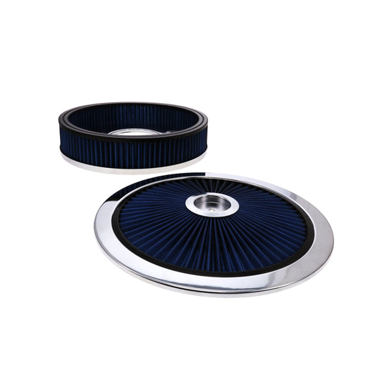 14" X 3" Round Steel Air Cleaner Kit, Blue Washable Filter, Recessed Base - Chrome