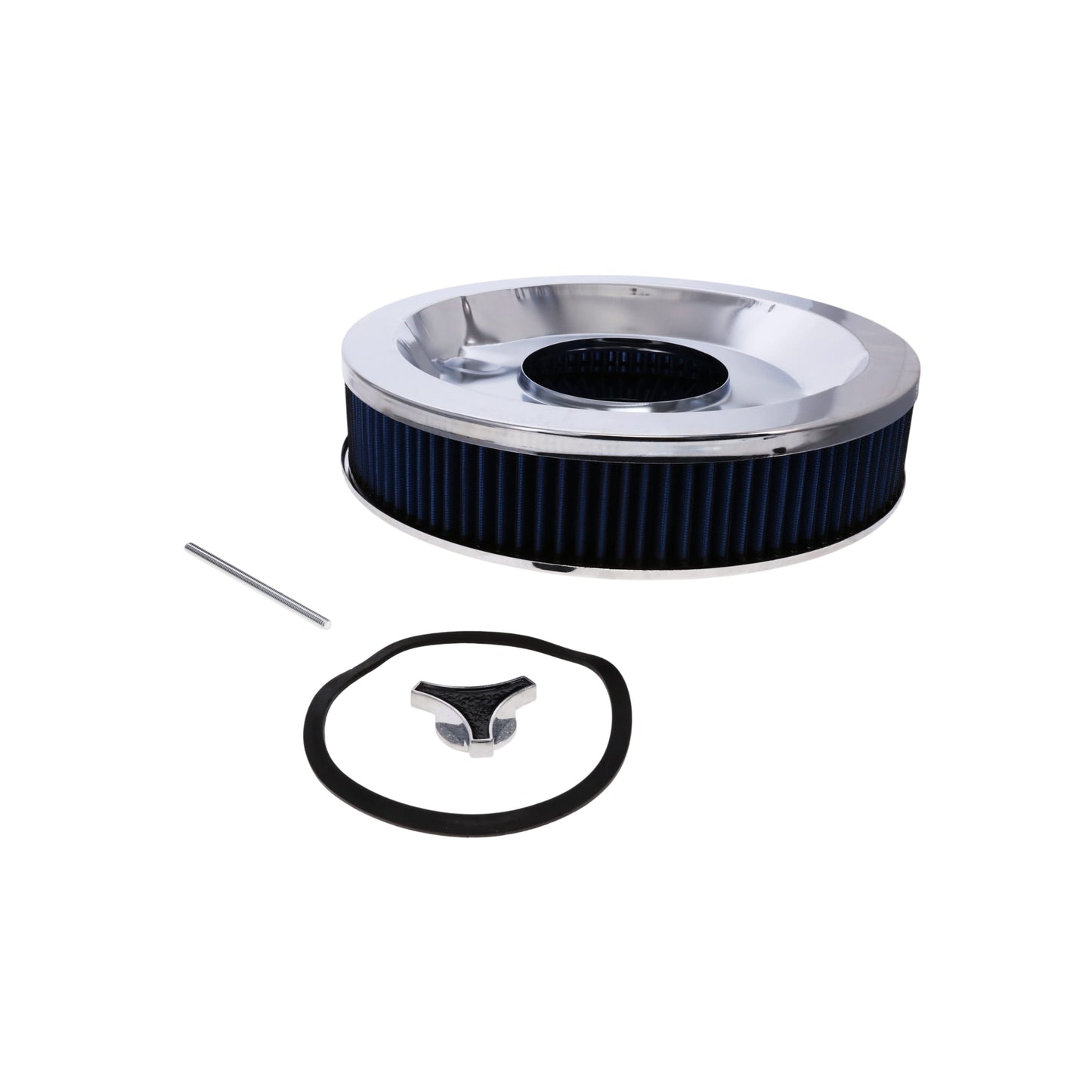 14" X 3" Round Steel Air Cleaner Kit, Blue Washable Filter, Recessed Base - Chrome
