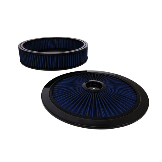 14" X 3" Round Steel Air Cleaner Kit, Blue Washable Filter, Flat Base - Black
