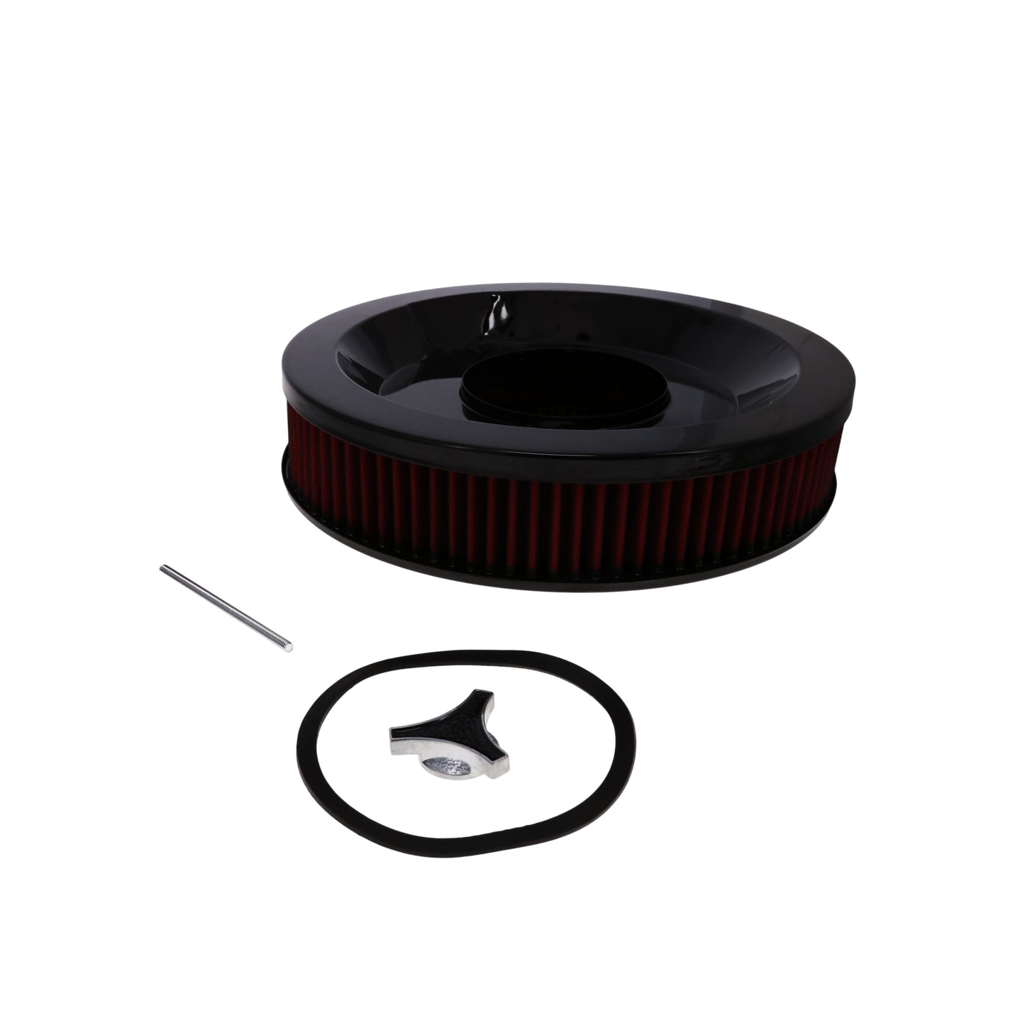 14" X 3" Round Steel Air Cleaner Kit, Red Washable Filter, Recessed Base - Black