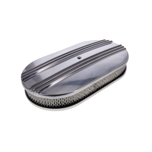 15" X 2" Center Finned Oval Aluminum Air Cleaner Kit, Paper Filter, Flat Base - Polished