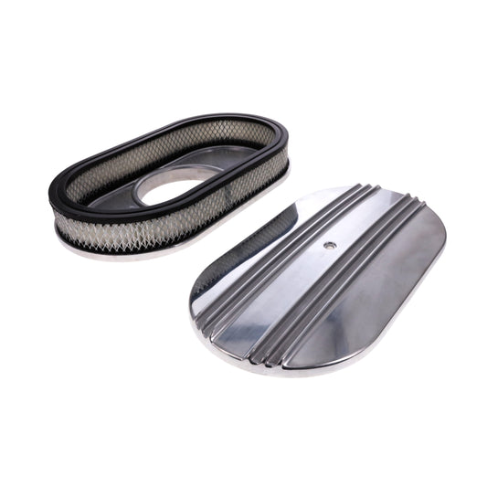 15" X 2" Center Finned Oval Aluminum Air Cleaner Kit, Paper Filter, Flat Base - Polished