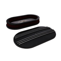 15" X 2" Center Finned Oval Aluminum Air Cleaner Kit, Red Washable Filter, Flat Base - Black
