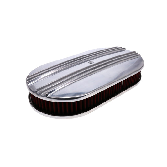 15" X 2" Center Finned Oval Aluminum Air Cleaner Kit, Red Washable Filter, Flat Base - Polished