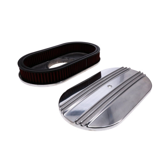 15" X 2" Center Finned Oval Aluminum Air Cleaner Kit, Red Washable Filter, Flat Base - Polished