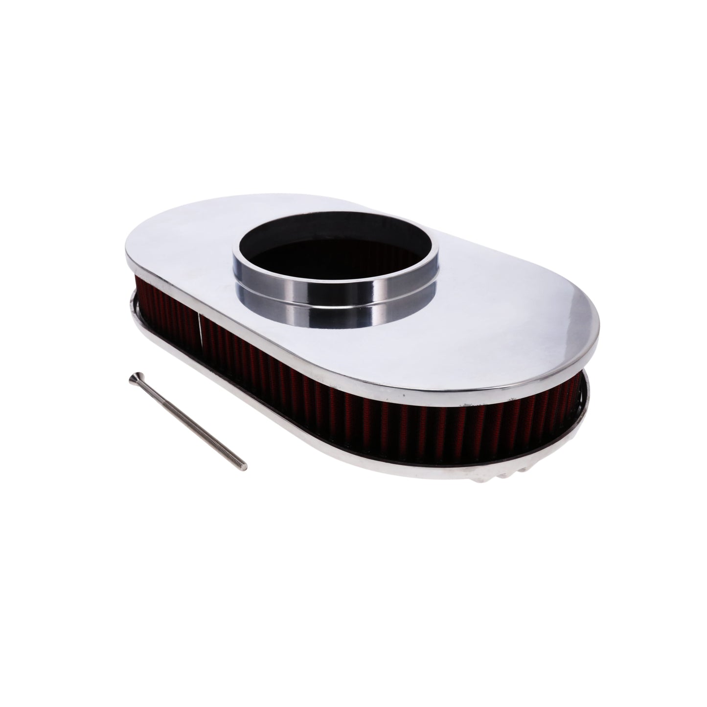 15" X 2" Center Finned Oval Aluminum Air Cleaner Kit, Red Washable Filter, Flat Base - Polished