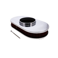 15" X 2" Center Finned Oval Aluminum Air Cleaner Kit, Red Washable Filter, Flat Base - Polished