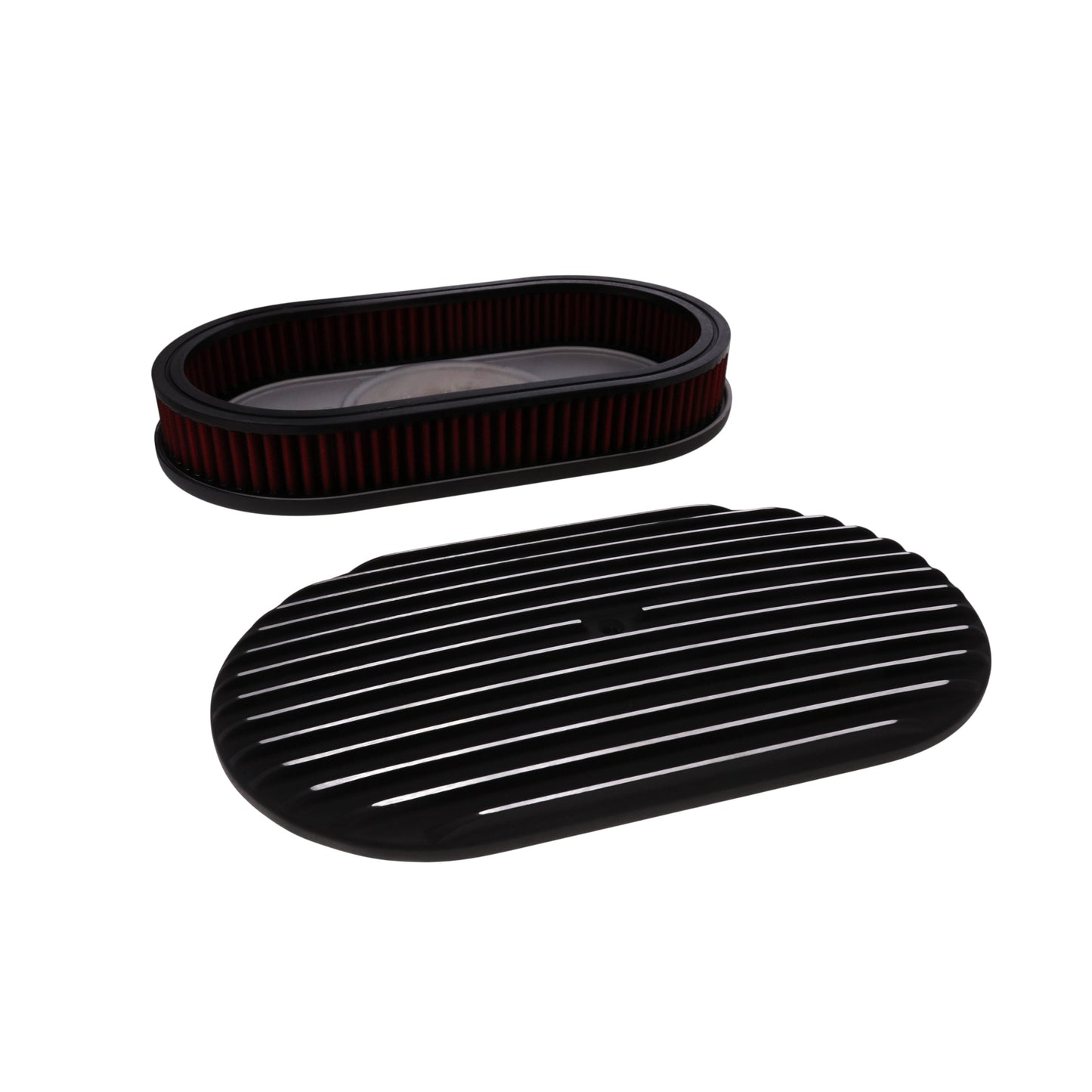 15" X 2" Full Finned Oval Aluminum Air Cleaner Kit, Red Washable Filter, Flat Base - Black