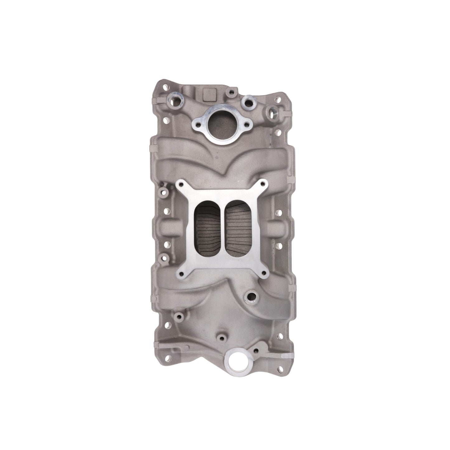 1957-1986 Chevy SB Aluminum Intake Manifold, Dual Plane, Hi-Rise - Satin