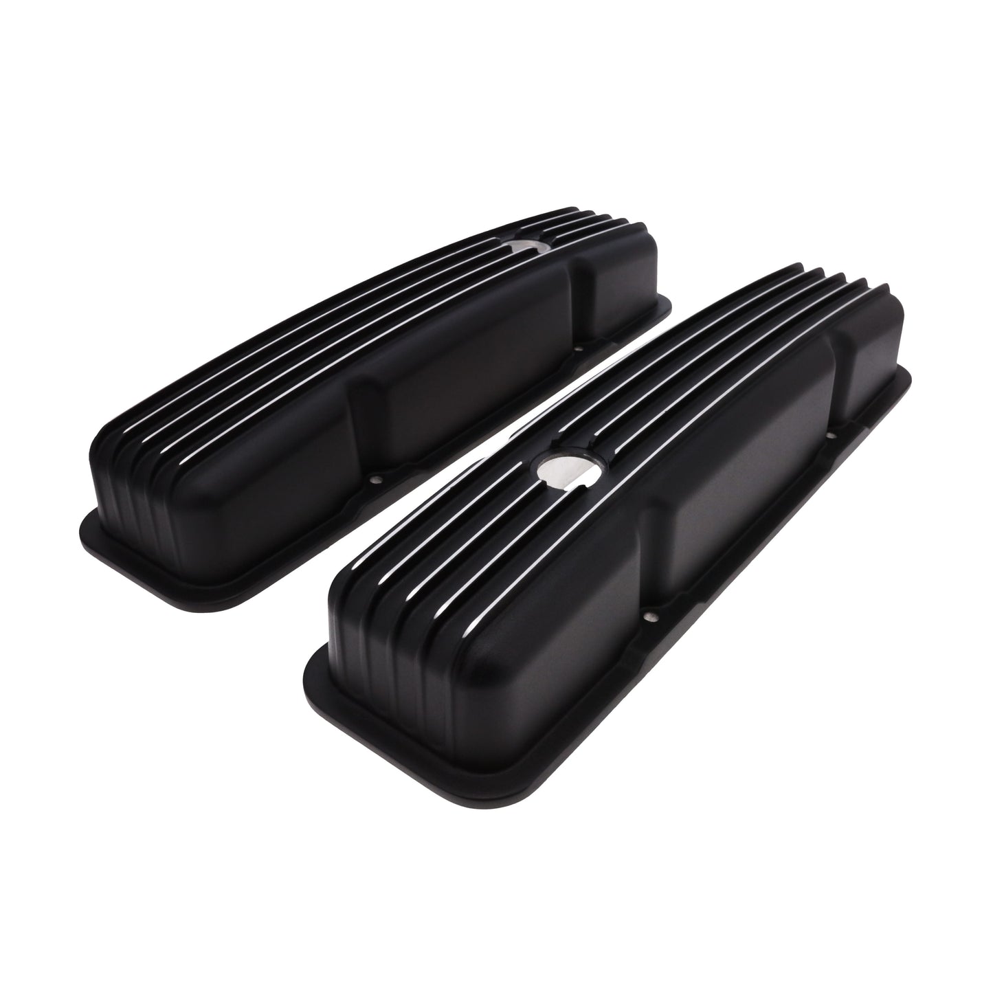 1958-1986 Chevy SB Finned Aluminum Valve Covers, 2 9/16" Ht., 1.25" Hole, Black