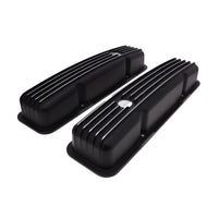 1958-1986 Chevy SB Finned Aluminum Valve Covers, 2 9/16" Ht., 1.25" Hole, Black