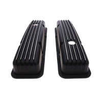 1958-1986 Chevy SB Finned Aluminum Valve Covers, 2 9/16" Ht., 1.25" Hole, Black