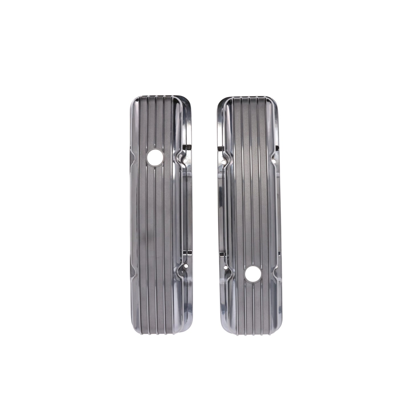 1958-1986 Chevy SB Finned Aluminum Valve Covers, 2 9/16" Ht., 1.25" Hole, Polished