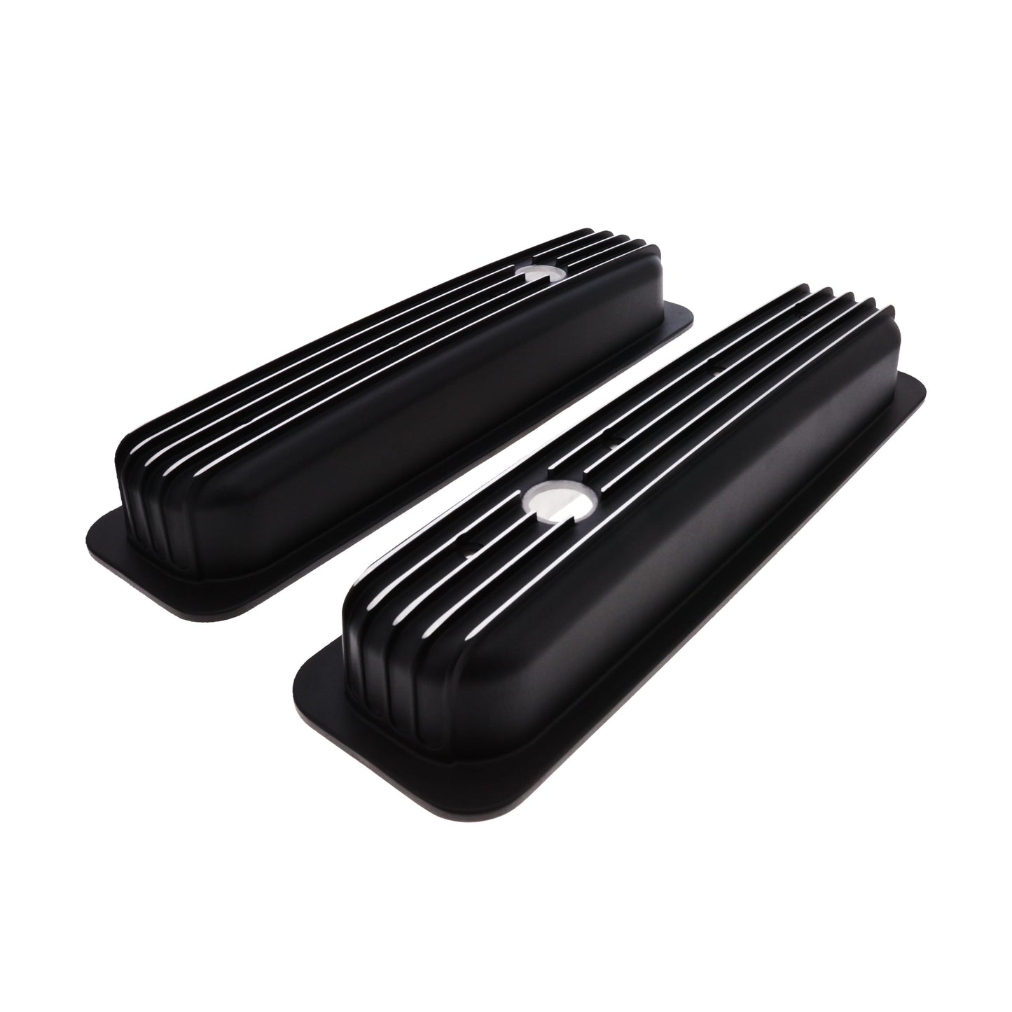 1987-2000 Chevy SB Finned Aluminum Center Bolt Valve Cover, 2 9/16" Ht., 1.25" Hole, Black