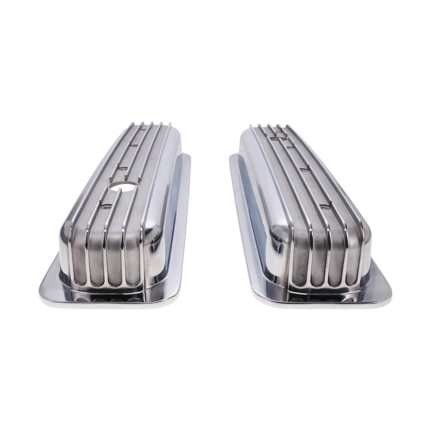 1987-2000 Chevy SB Finned Aluminum Center Bolt Valve Cover, 2 9/16" Ht., 1.25" Hole, Polished