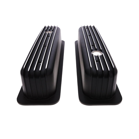 1987-2000 Chevy SB Finned Aluminum Center Bolt Valve Cover, 3 11/16" Ht., 1.25" Hole, Black