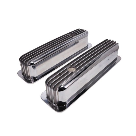 1987-2000 Chevy SB Finned Aluminum Center Bolt Valve Cover, 3 11/16" Ht., 1.25" Hole, Polished