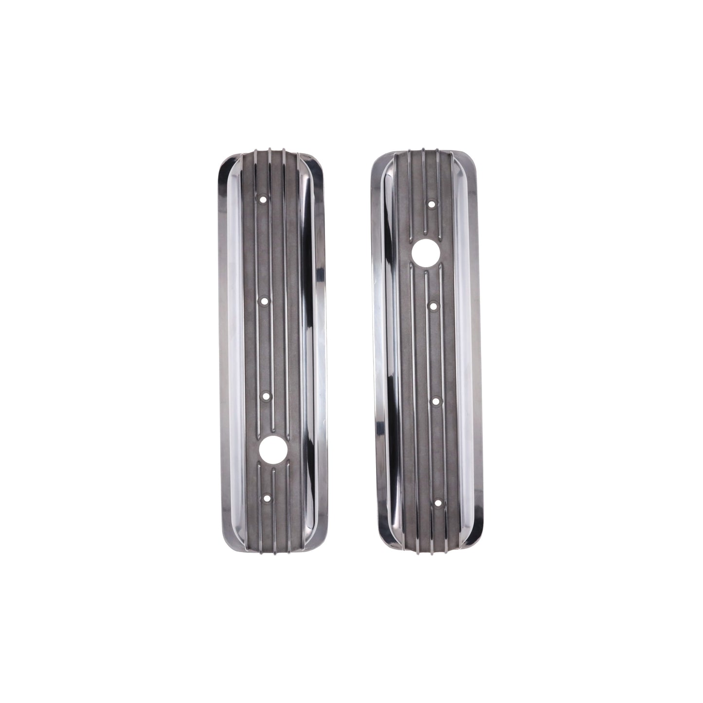 1987-2000 Chevy SB Finned Aluminum Center Bolt Valve Cover, 3 11/16" Ht., 1.25" Hole, Polished