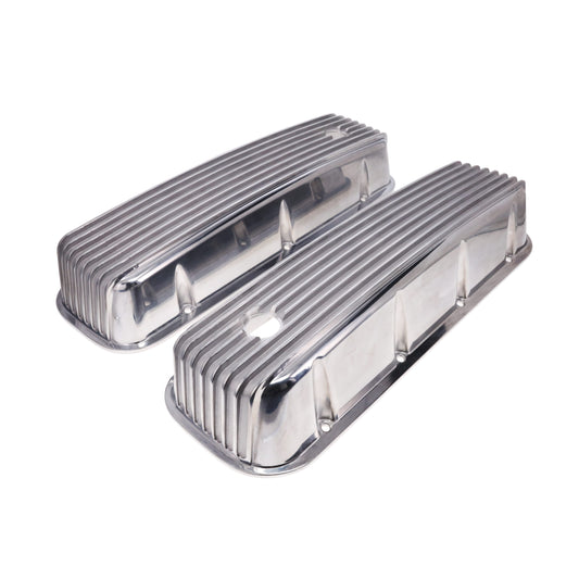 1965-1995 Chevy BB Tall Finned Aluminum Valve Covers, 3 11/16" Ht., 1.25" Hole, Polished