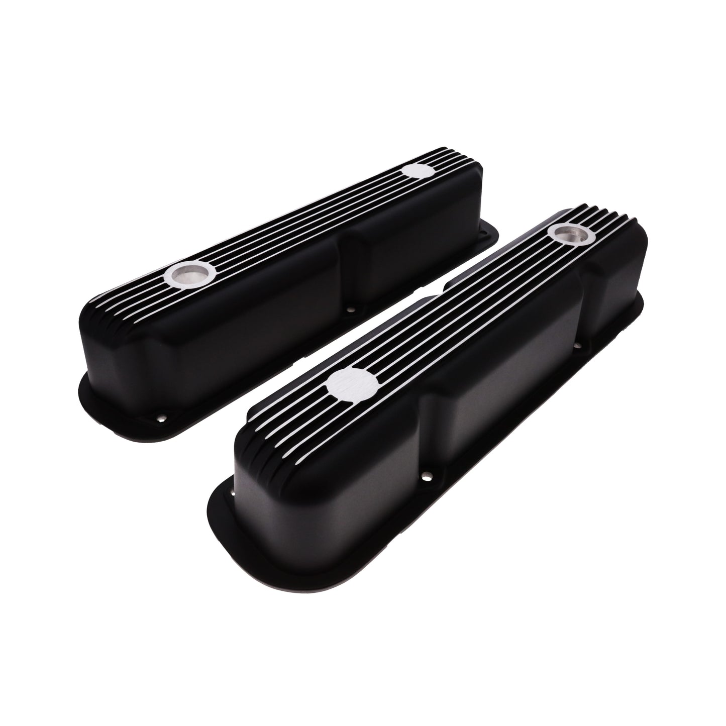 1964-1991 Mopar SB V8 Finned Aluminum Valve Covers, 3 3/4" Ex. 3 3/8" In. Ht., 1.25" Hole, Black