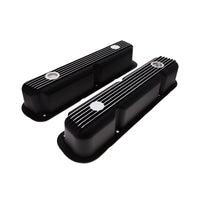 1964-1991 Mopar SB V8 Finned Aluminum Valve Covers, 3 3/4" Ex. 3 3/8" In. Ht., 1.25" Hole, Black