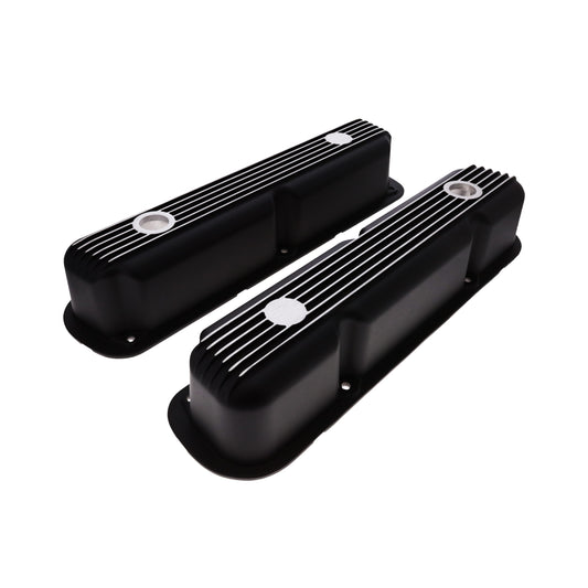1964-1991 Mopar SB V8 Finned Aluminum Valve Covers, 3 3/4" Ex. 3 3/8" In. Ht., 1.25" Hole, Black