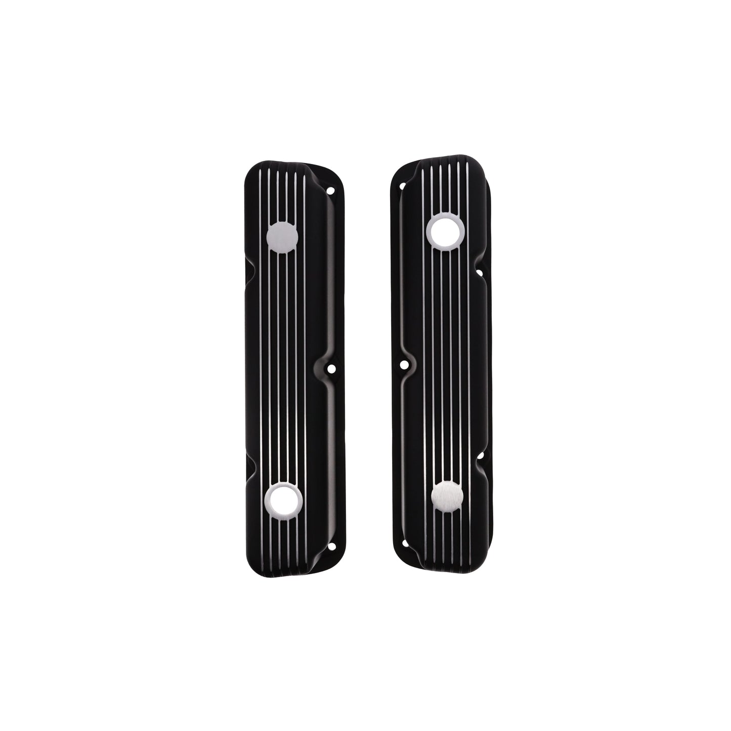 1964-1991 Mopar SB V8 Finned Aluminum Valve Covers, 3 3/4" Ex. 3 3/8" In. Ht., 1.25" Hole, Black