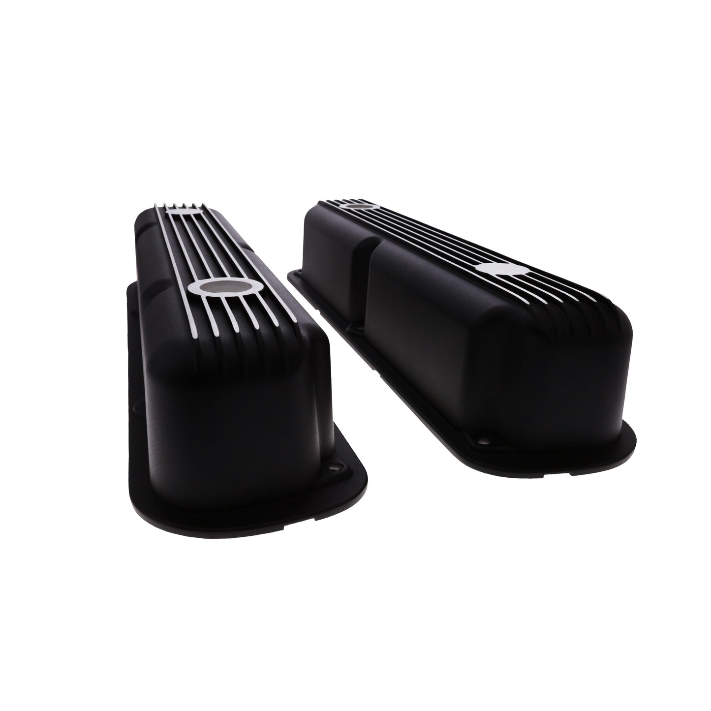 1964-1991 Mopar SB V8 Finned Aluminum Valve Covers, 3 3/4" Ex. 3 3/8" In. Ht., 1.25" Hole, Black