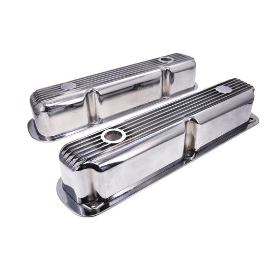 1964-1991 Mopar SB V8 Finned Aluminum Valve Covers, 3 3/4" Ex. 3 3/8" In. Ht., 1.25" Hole, Polished