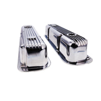 1964-1991 Mopar SB V8 Finned Aluminum Valve Covers, 3 3/4" Ex. 3 3/8" In. Ht., 1.25" Hole, Polished