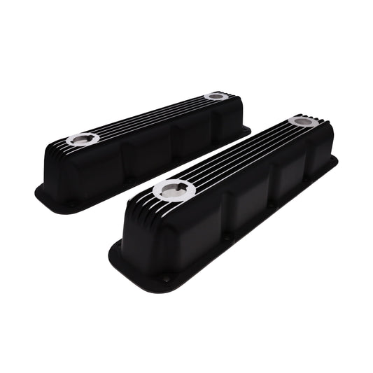 1992-2003 Mopar SB V8 Finned Aluminum Valve Covers, 3 1/2" Ex. 3 1/8" In. Ht., 1.25" Hole, Black