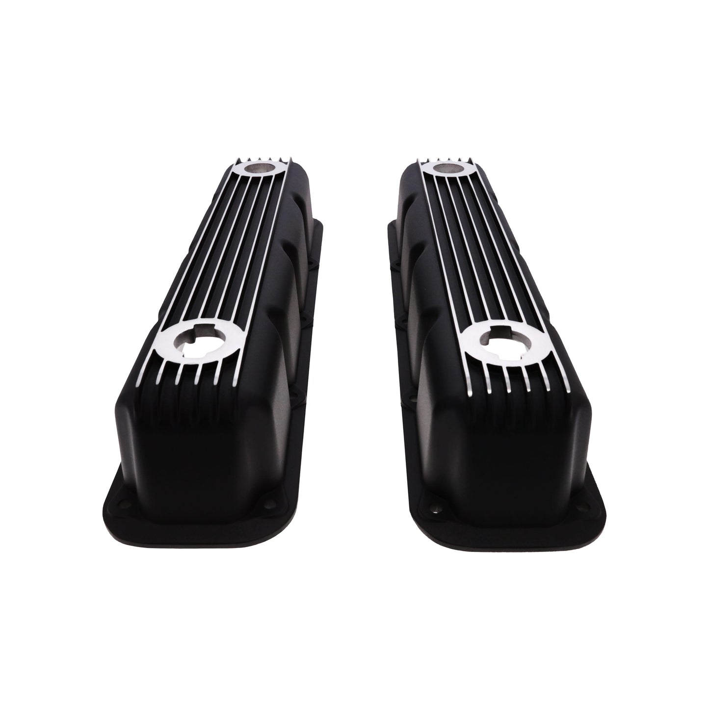 1992-2003 Mopar SB V8 Finned Aluminum Valve Covers, 3 1/2" Ex. 3 1/8" In. Ht., 1.25" Hole, Black