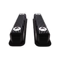 1992-2003 Mopar SB V8 Finned Aluminum Valve Covers, 3 1/2" Ex. 3 1/8" In. Ht., 1.25" Hole, Black