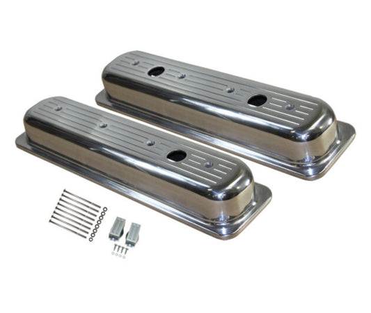 Chevy Small Block Center-Bolt Short Ball Milled Polished Aluminum Valve Covers with Extra Breather Hole