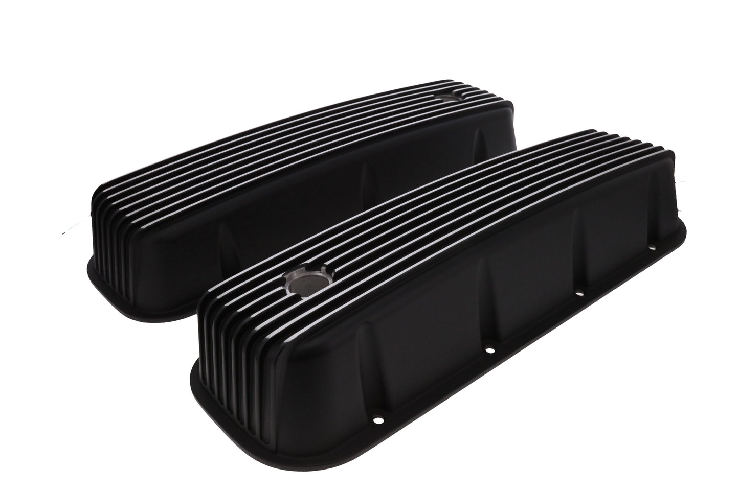 1965-1995 Chevy BB Tall Finned Aluminum Valve Covers, 3 11/16" Ht., 1.25" Hole, Black