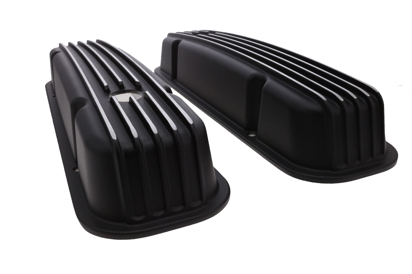 1957-1979 Pontiac Finned Aluminum Valve Covers, 2 3/4" Ht., 1.25" Hole, Black